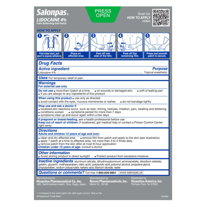 미국직구 살론파스 외용 파스·겔 Salonpas LIDOCAINE 4% Pain Relieving Gel-Patch, 30 Patches