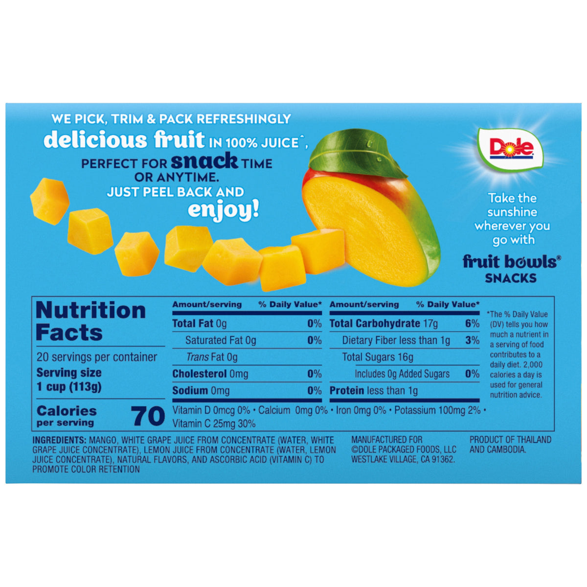 미국직구 Dole Diced Mango Fruit Cup, 4 oz, 20 ct