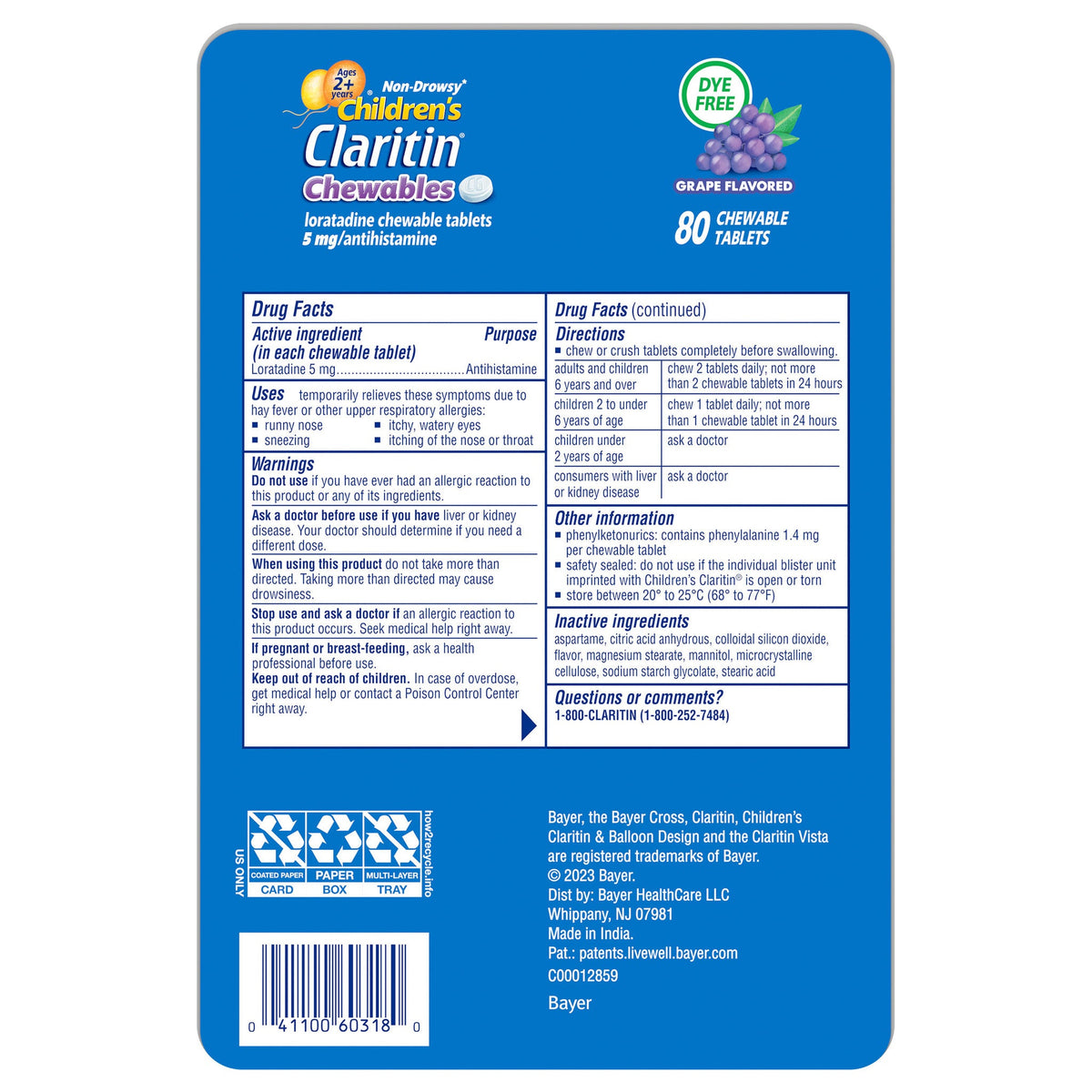 미국직구 클라리틴 생활건강 Claritin Children's Dye-Free Chewables, 80 Chewable Tablets