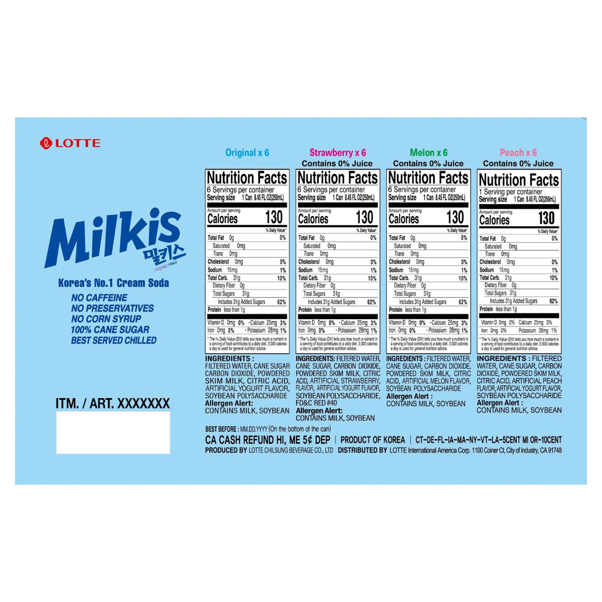미국직구 Lotte Milkis Korean Cream Soda, Variety Pack, 8.45 fl oz, 24 ct