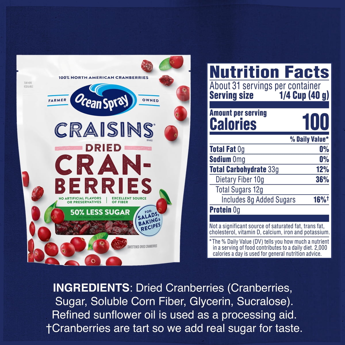미국직구 Ocean Spray Craisins 1.3L / Ocean Spray Craisins, 50% Less Sugar Dried Cranberries, D 2