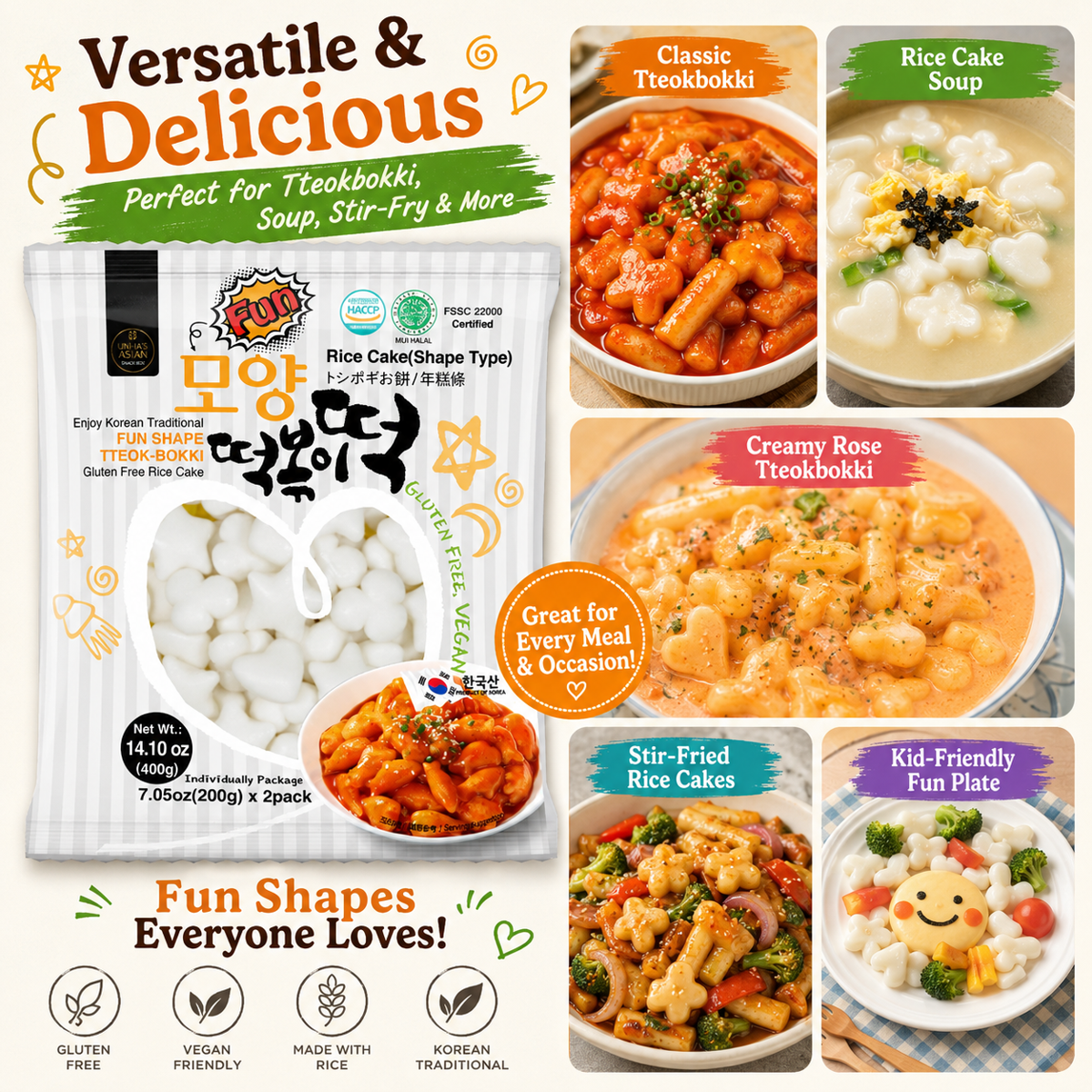 미국직구 UNHA'S Fun Shaped 400g 2팩 / UNHA'S Fun Shaped Korean Tteokbokki Rice Cakes, Chewy Ric 4