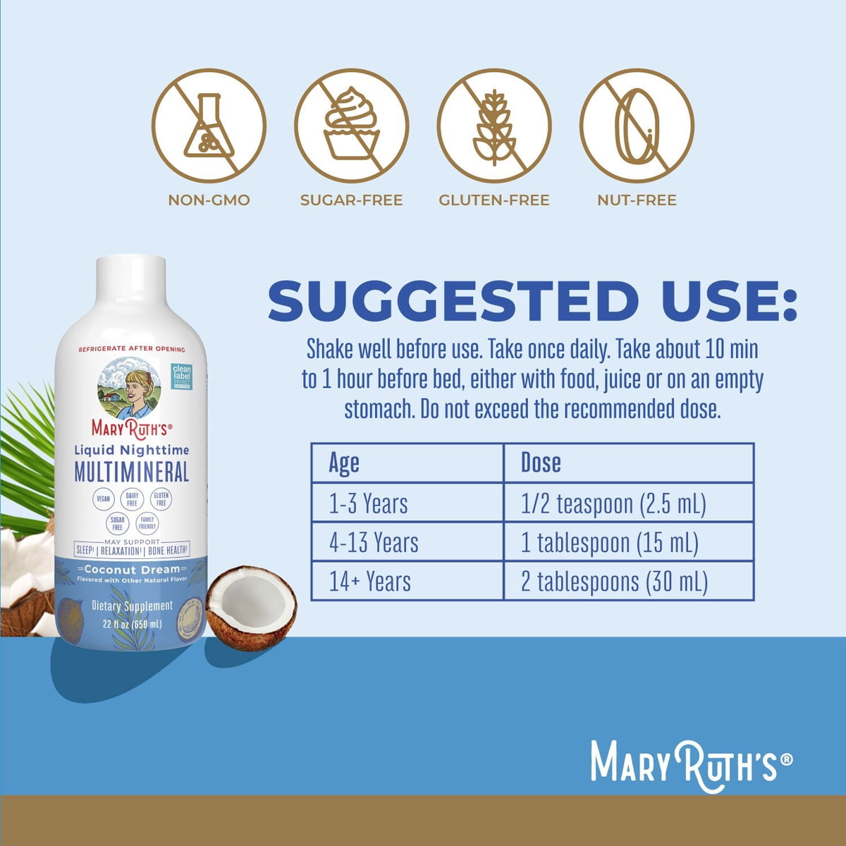 미국직구 MaryRuth s Nighttime 견과 651ml 2팩 / MaryRuth’s Nighttime Multimineral, Coconut, 651ml, 3