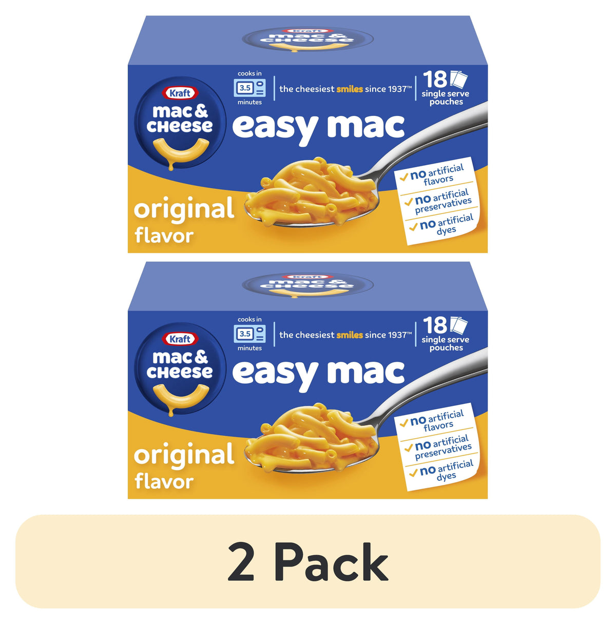 미국직구 (2 pack) Kraft Easy Mac and Cheese, 18 Packets, for Easy Dinner or Dinner Sides, Original Flavor, No Artificial Flavors, Preservatives or Dyes, 38.7 o