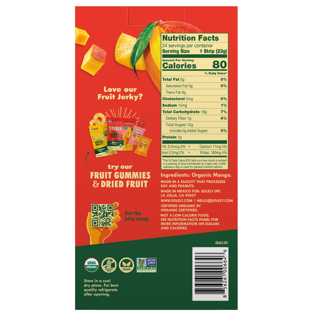 미국직구 Solely Organic Fruit Jerky, Mango, 0.8 oz, 24 ct