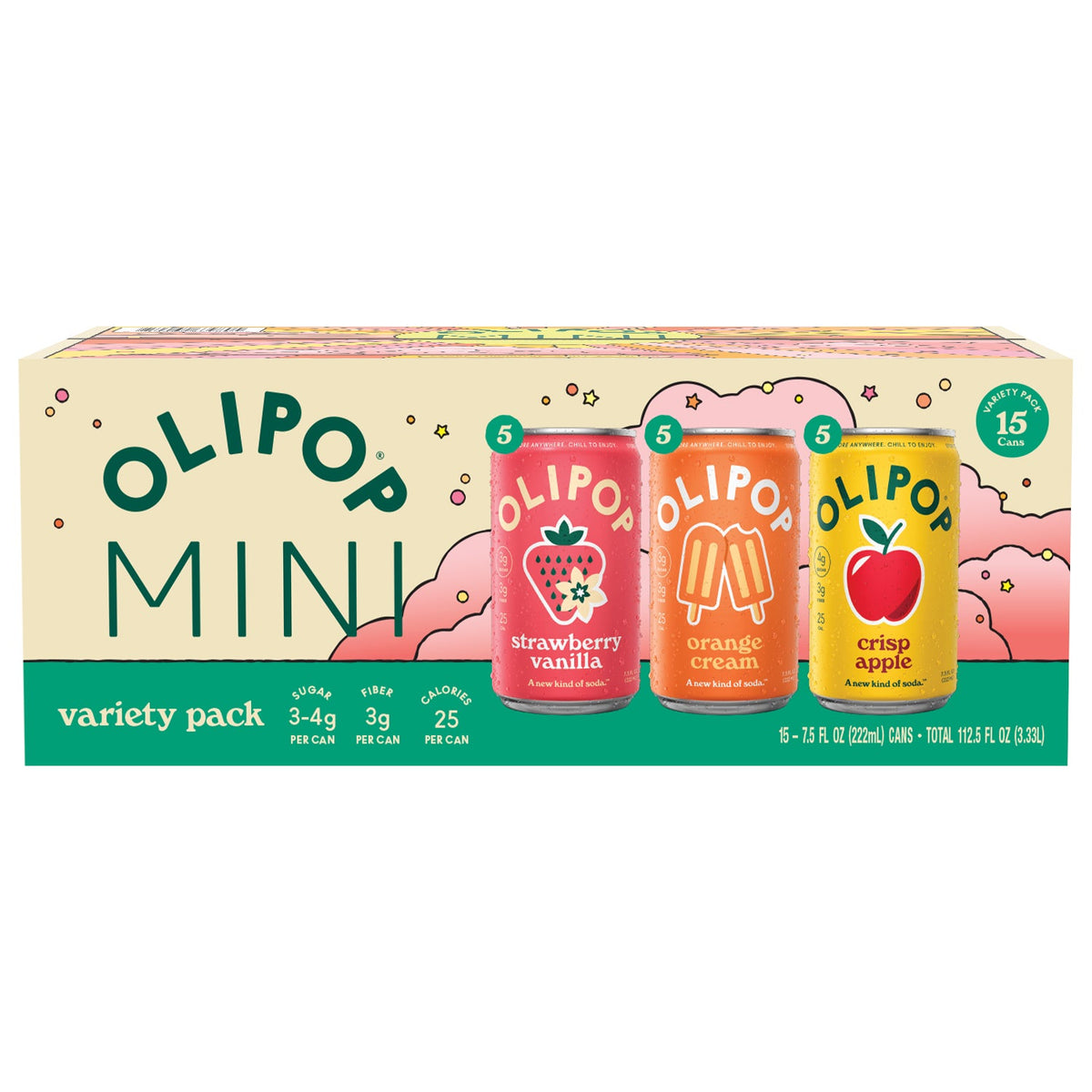 미국직구 OLIPOP Prebiotic Soda, Mini Cans Variety Pack, 7.5 fl oz, 15 ct