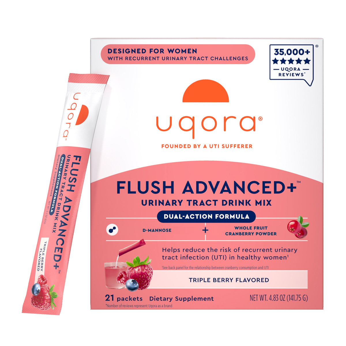 미국직구 영양제 Uqora Flush Advanced Plus UTI Drink Mix, 21 Packets, Triple Berry Flavor