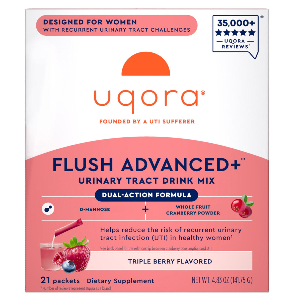 미국직구 영양제 Uqora Flush Advanced Plus UTI Drink Mix, 21 Packets, Triple Berry Flavor
