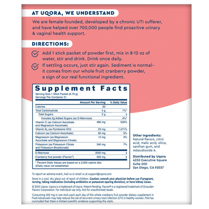 미국직구 영양제 Uqora Flush Advanced Plus UTI Drink Mix, 21 Packets, Triple Berry Flavor