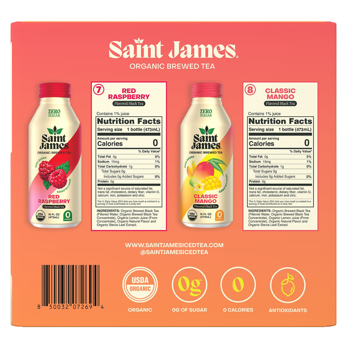 미국직구 Saint James Organic Brewed Tea, Zero Sugar, Variety Pack, 16 fl oz, 15 ct