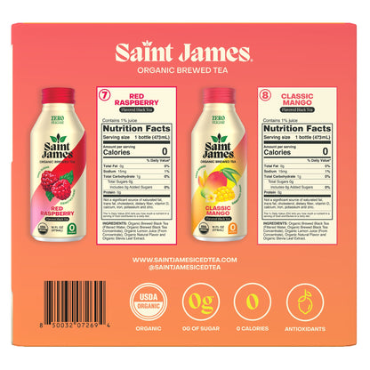 미국직구 Saint James Organic Brewed Tea, Zero Sugar, Variety Pack, 16 fl oz, 15 ct