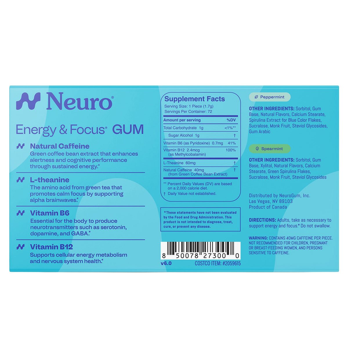 미국직구 영양제 Neuro Energy & Focus Gum, Peppermint and Spearmint, 12-packs, 72 Total Pieces