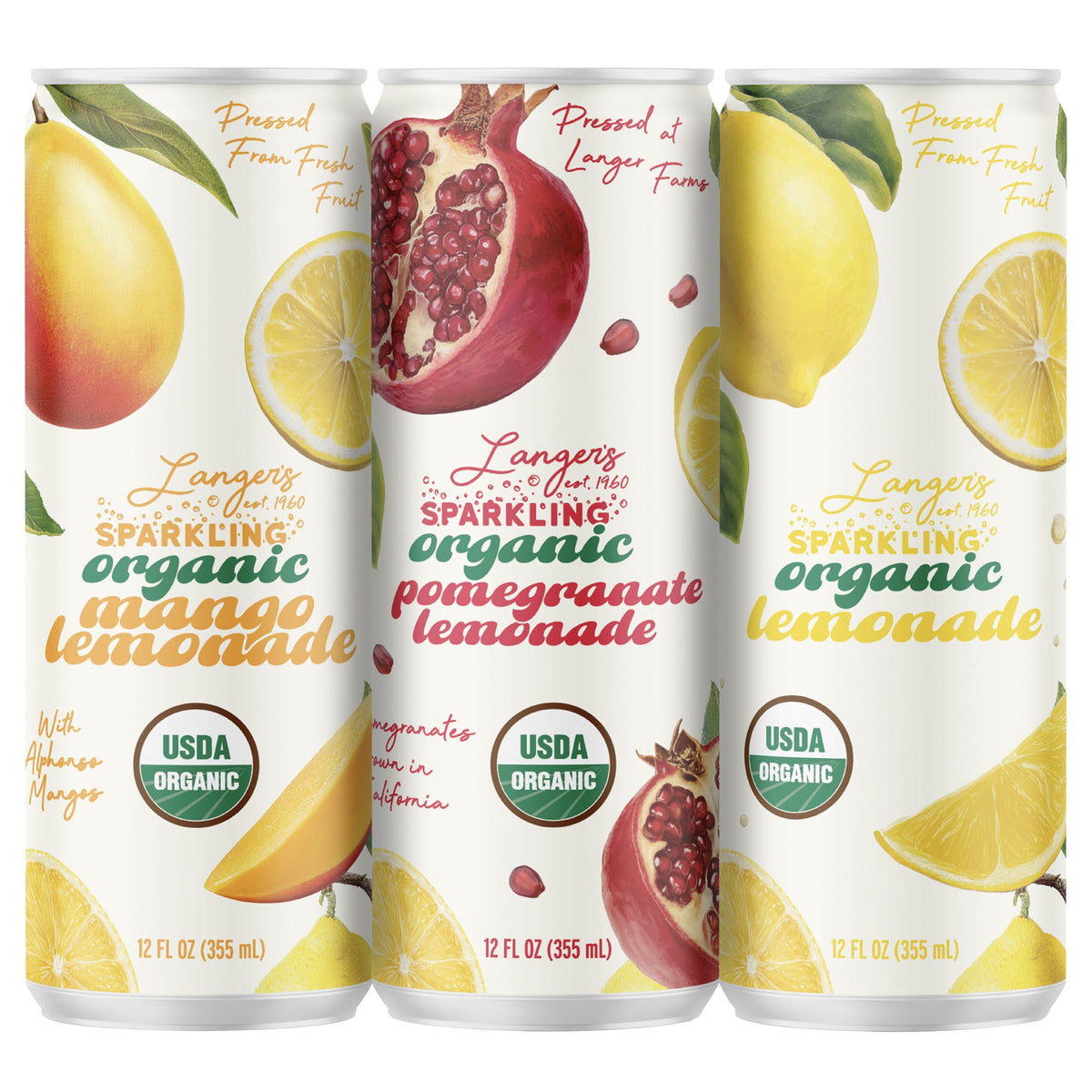 미국직구 Langer's Organic Sparkling Lemonade, Variety Pack, 12 fl oz, 24 ct