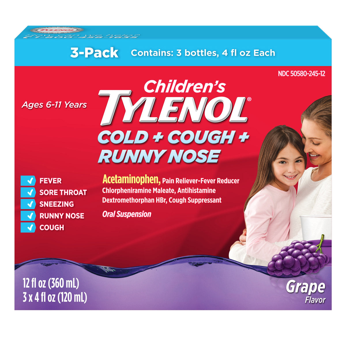 미국직구 타이레놀 감기약 Children's Tylenol Cough + Cold + Runny Nose Grape Flavor, 3 Bottles, 4 Fluid Ounces Each