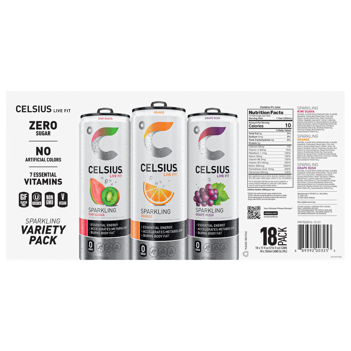 미국직구 CELSIUS Sparkling Energy Drink, Variety Pack, 12 fl oz, 18 ct