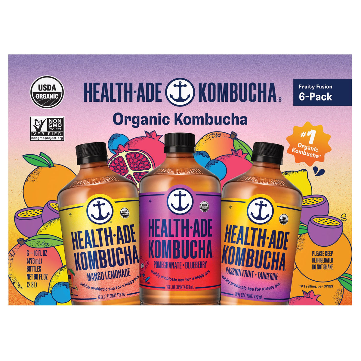 미국직구 Health-Ade Organic Kombucha, Fruity Fusion Variety Pack, 16 fl oz, 6 ct