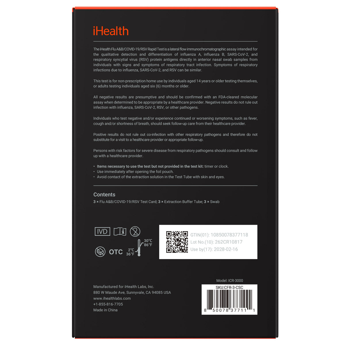미국직구 감기약 iHealth Flu A+B, COVID-19, and RSV Rapid Test, 3 Tests