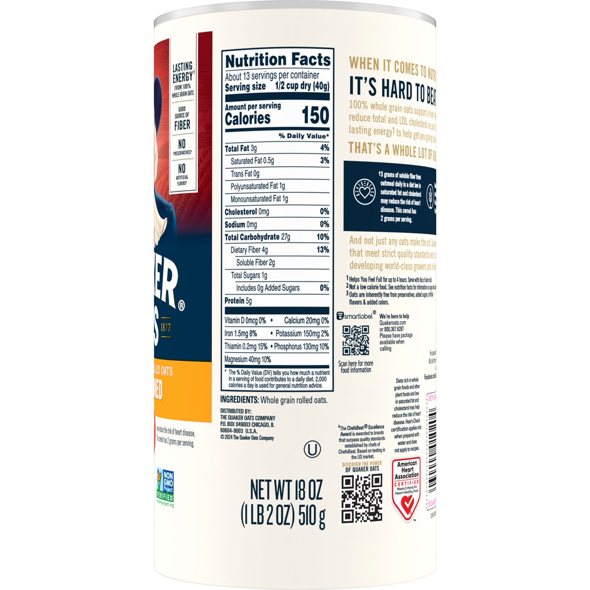 미국직구 Quaker Oats Old 510g 2팩 / Quaker Oats Old Fashioned 100% Whole Grain Oatmeal, 510g Ca 3