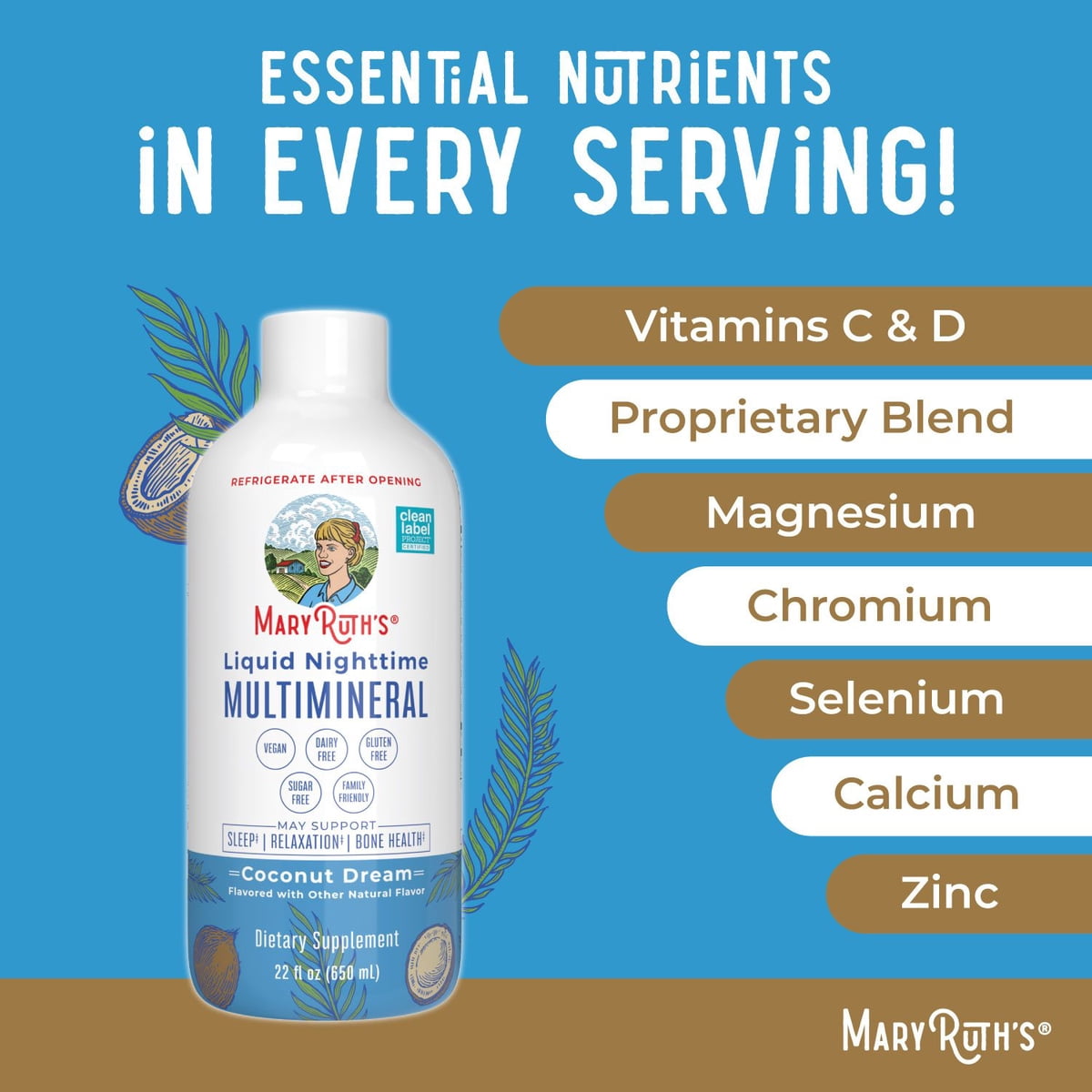 미국직구 MaryRuth s Nighttime 견과 651ml 2팩 / MaryRuth’s Nighttime Multimineral, Coconut, 651ml, 7