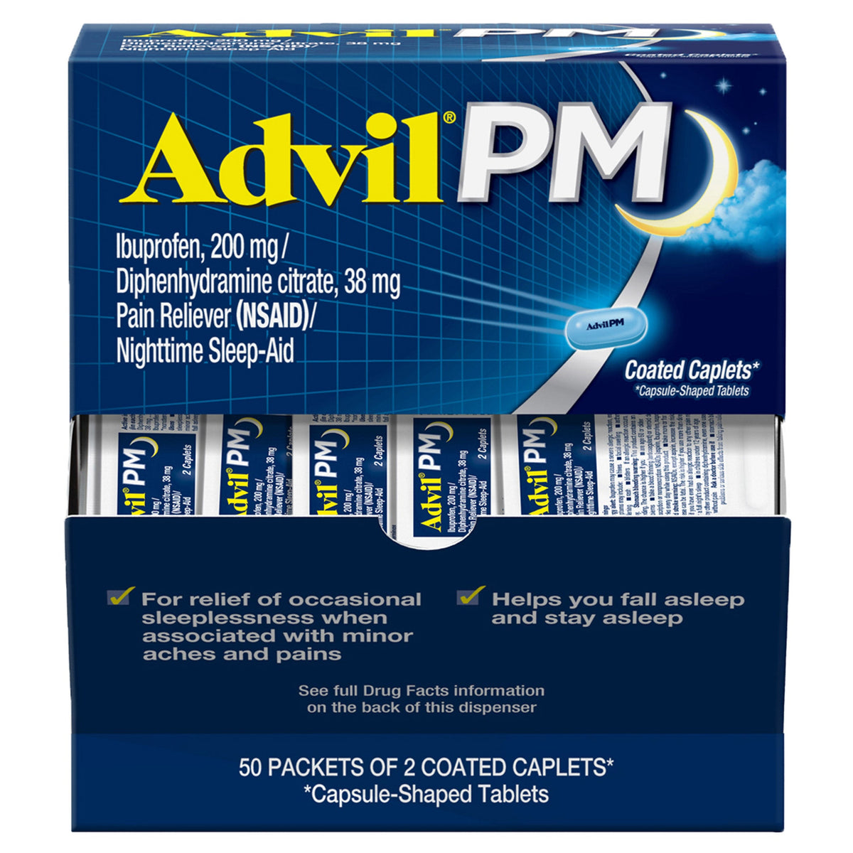 미국직구 애드빌PM Advil PM Ibuprofen Caplets Dispenser Box, 2 caplets, 50-count