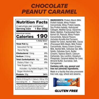 미국직구 퓨어프로틴바 Bars, Chocolate Peanut Caramel, Gluten Free, 20g Protein, 1.76 oz, 4 Count