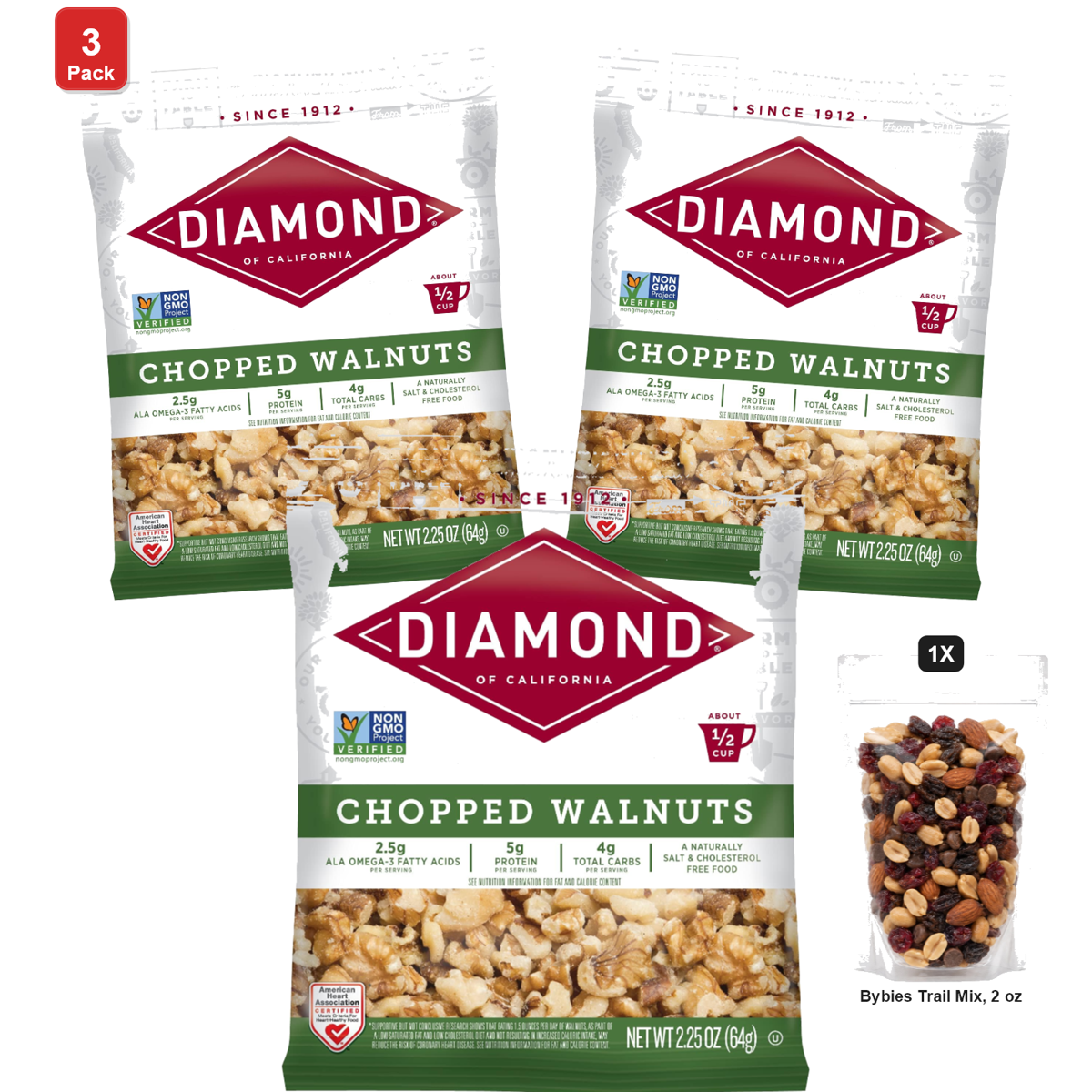 미국직구 3 Pack Diamond 견과 64g 3팩 / 3 Pack | Diamond of California Chopped Walnuts, 12 Bags x 64g Each,  1