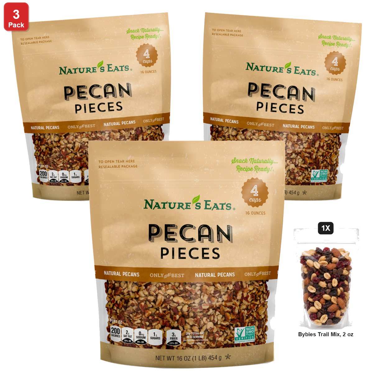 미국직구 3 Pack Nature's 견과 454g 3팩 / 3 Pack | Nature's Eats Pecan Pieces, 1 Bag, 454g, with Bybies Trai 1
