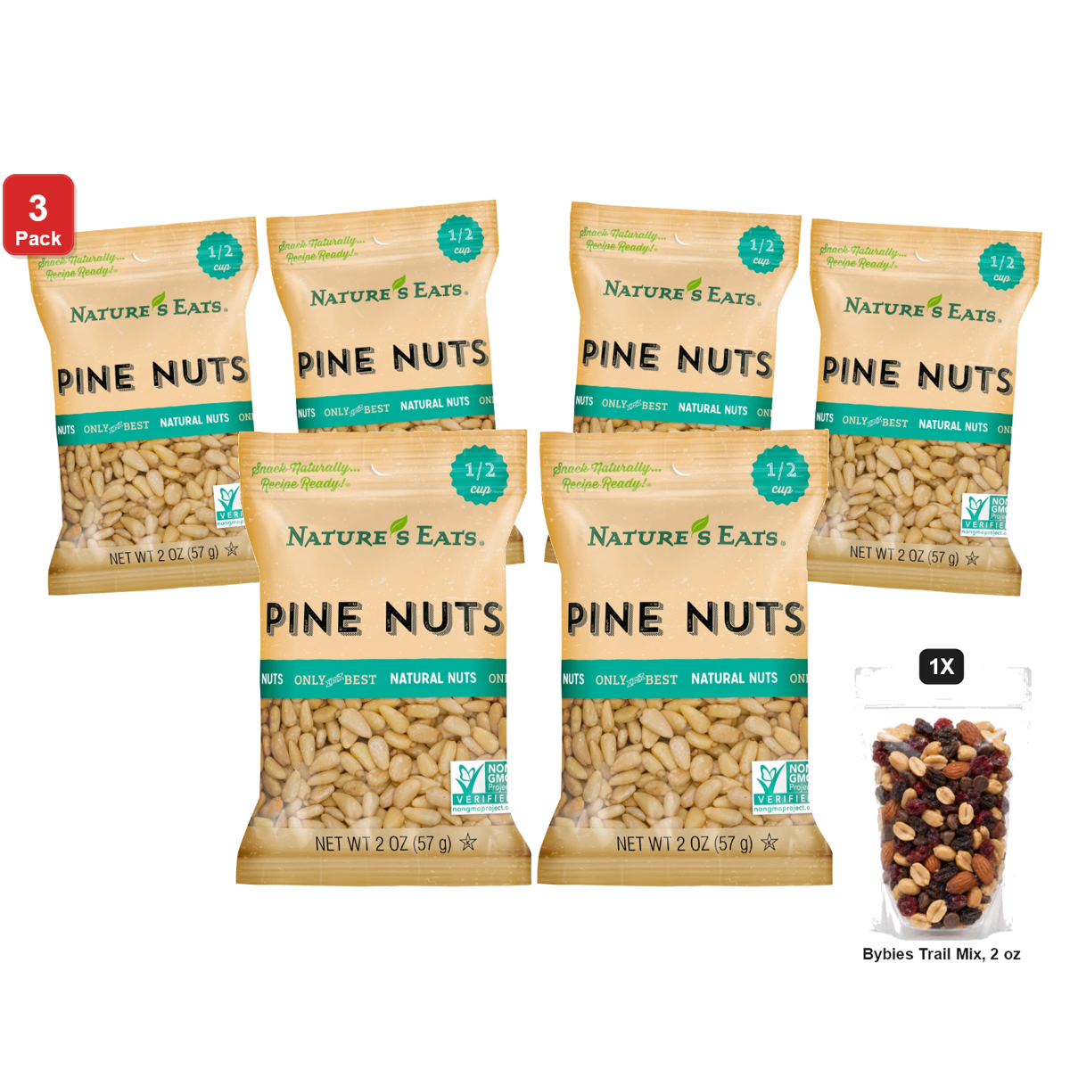 미국직구 3 Pack Nature's 견과 57g 3팩 / 3 Pack | Nature's Eats Pine Nuts, 2 Bags x 57g Each, with Bybies Tr 1