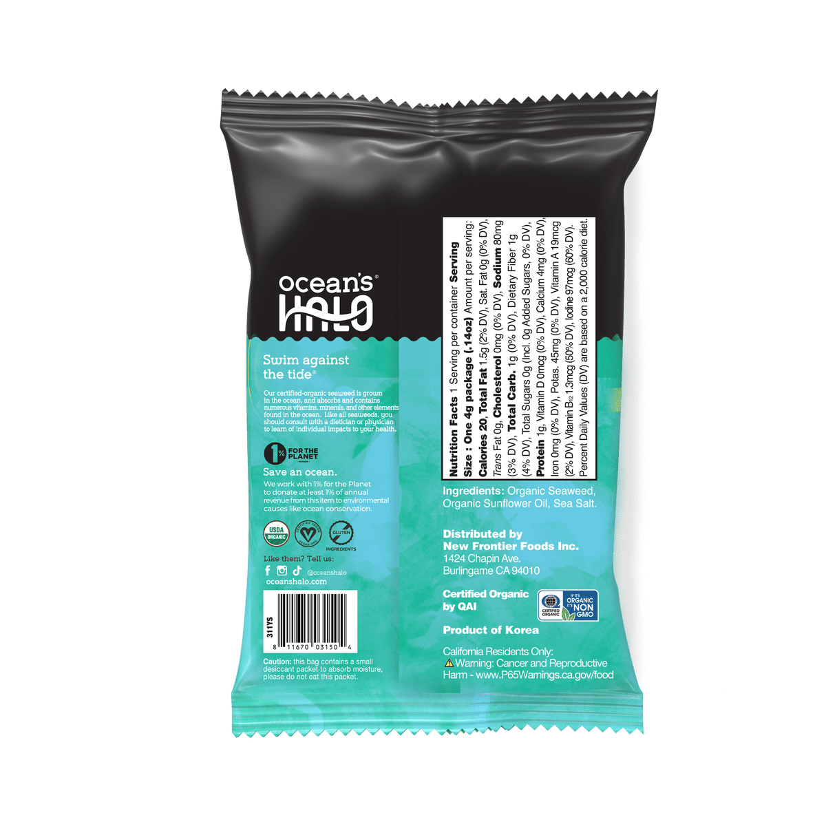미국직구 Ocean's Halo 4g / Ocean's Halo, Organic Trayless Seaweed Snack, Sea Salt, Vegan, No P 2