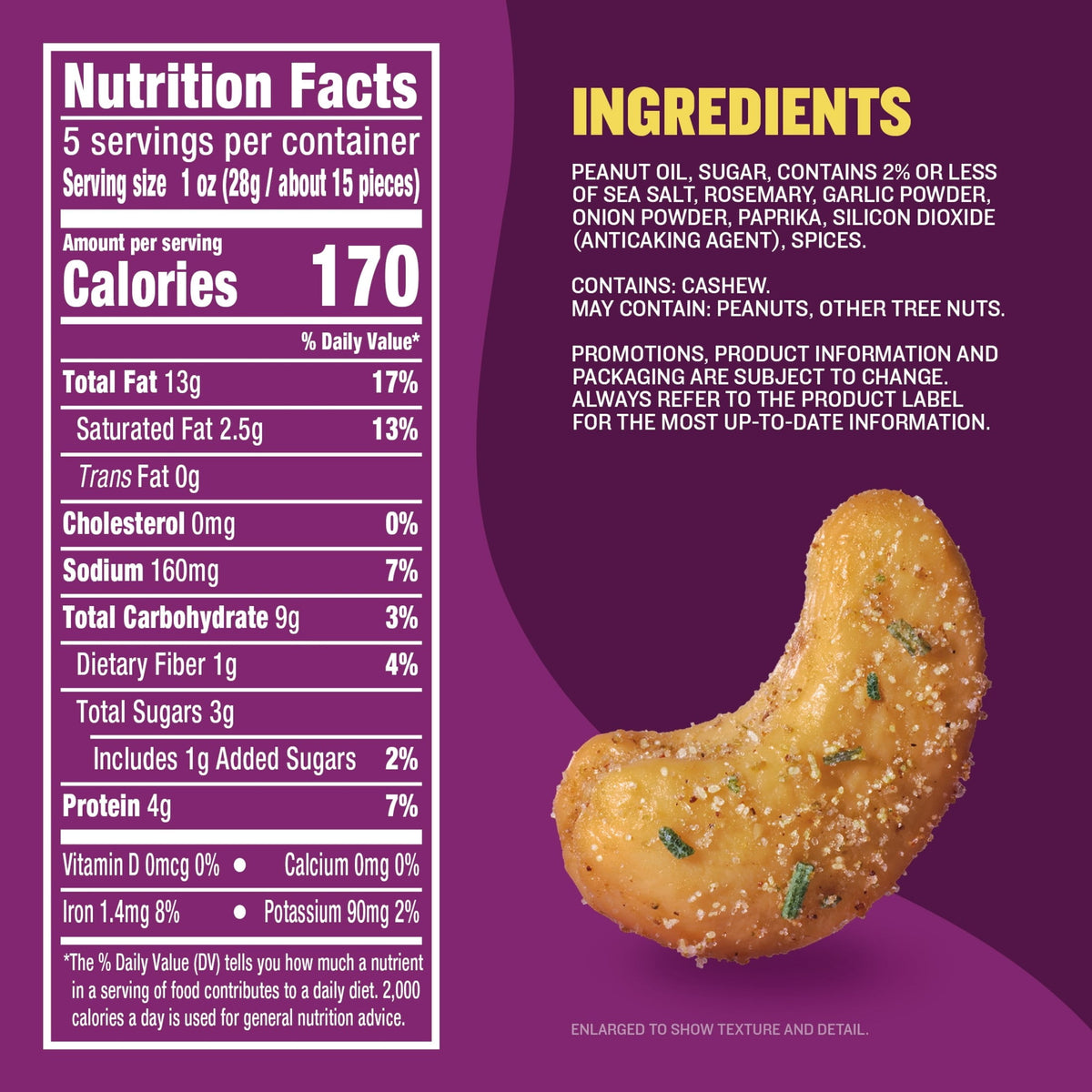 미국직구 플랜터스 Rosemary & Sea Salt Flavored Whole Cashews, Plant Based Protein Snacks for Adults, On-The-Go, Gluten Free, 5 oz Resealable Package