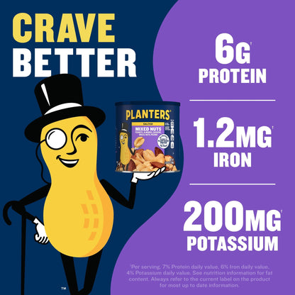 미국직구 플랜터스 Salted Mixed Nuts, Peanuts, Cashews, Almonds, Brazil Nuts, Pecans. 6g Protein (7% DV) per serving, Plant Based Protein Snacks. 56 oz Can