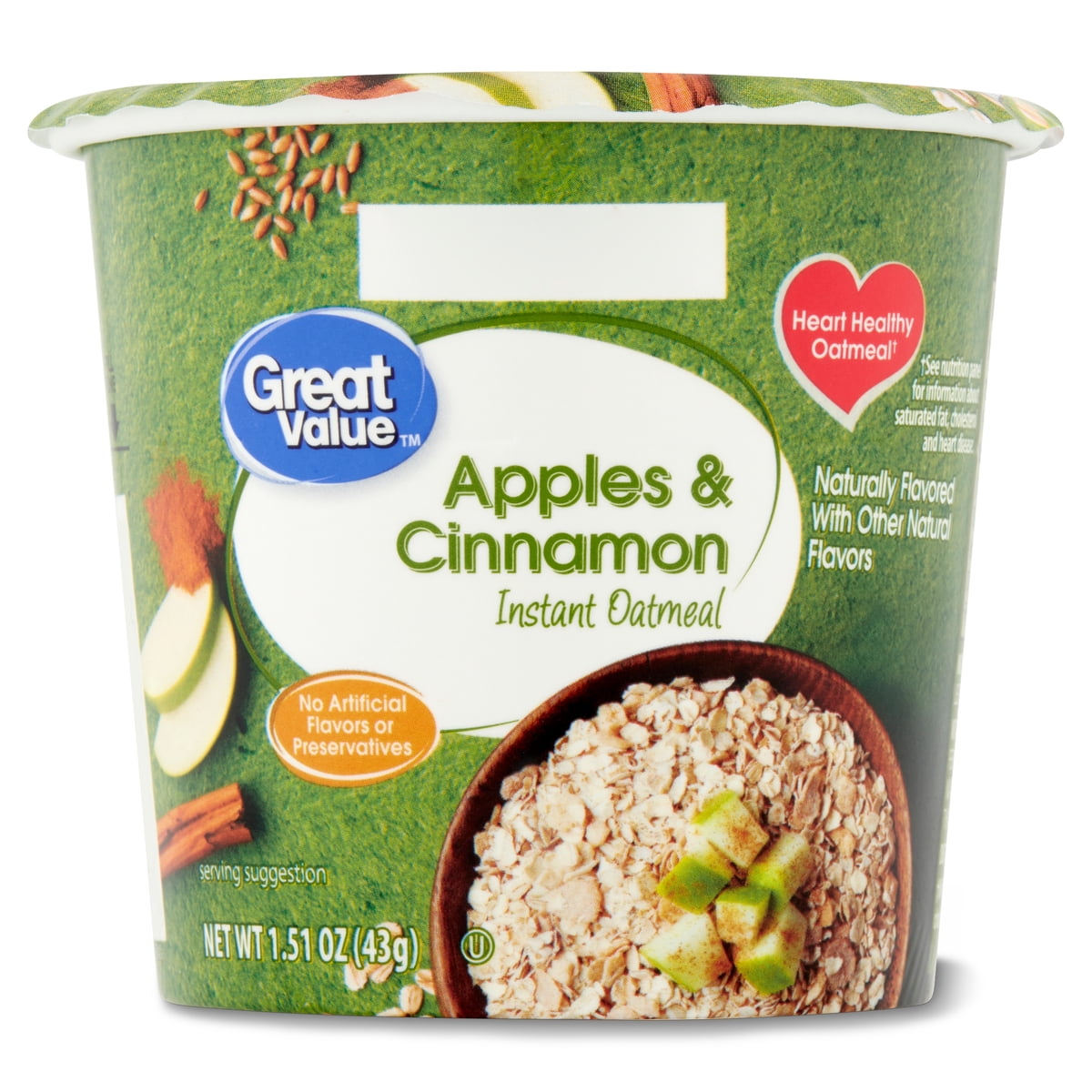 미국직구 Great Value Apples 43g 2팩 / Great Value Apples and Cinnamon Instant Oatmeal Cup, 43g, 2