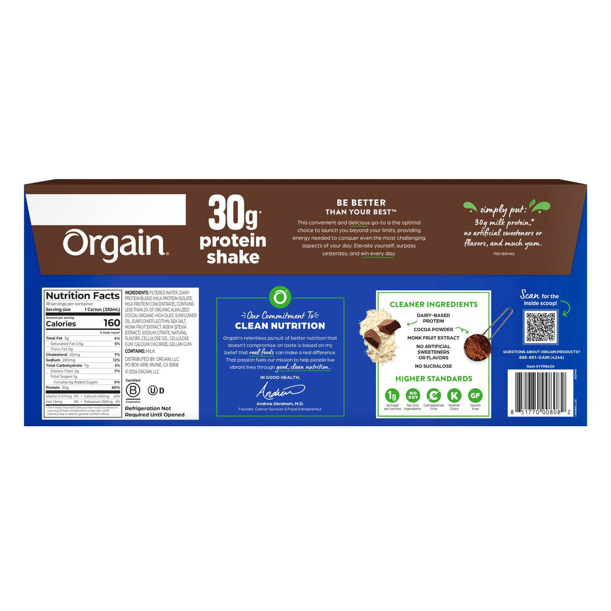 미국직구 오르가인 단백질 쉐이크 음료 초콜릿 Orgain 30g Milk Protein Shake, Chocolate Fudge, 11 fl oz, 18-pack