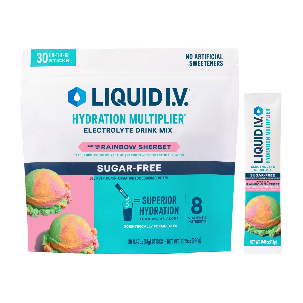 미국직구 리퀴드아이비 전해질 파우더 Liquid I.V. Hydration Multiplier, 30 Individual Serving Stick Packs in Resealable Pouch, Sugar Free, Rainbow Sherbet