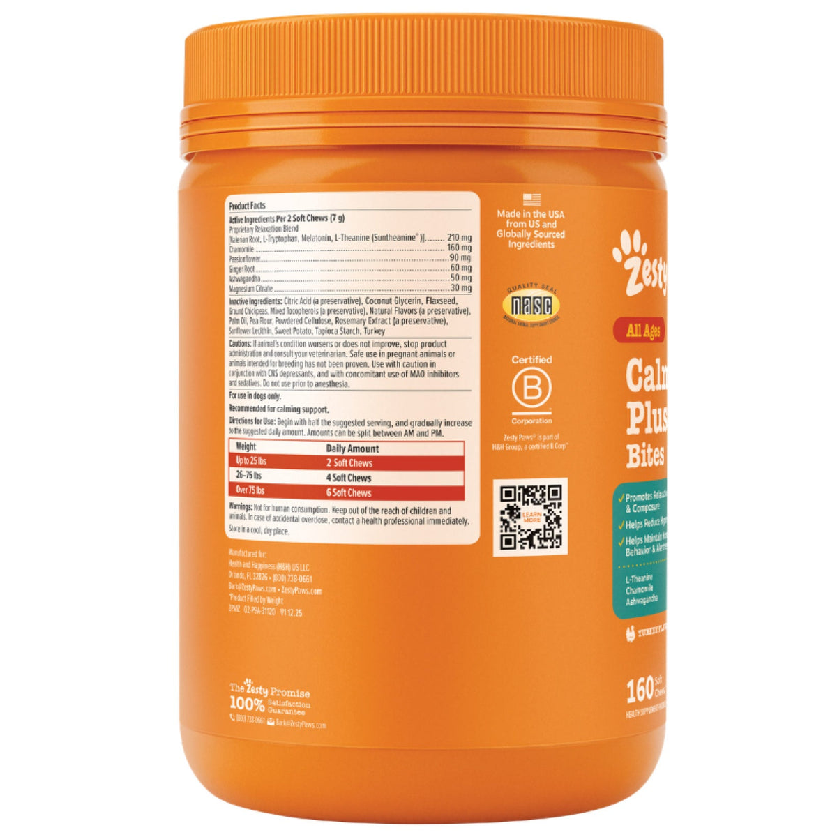 미국직구 펫용품 Zesty Paws Calming Plus for Dogs, Turkey Flavor, 160-count