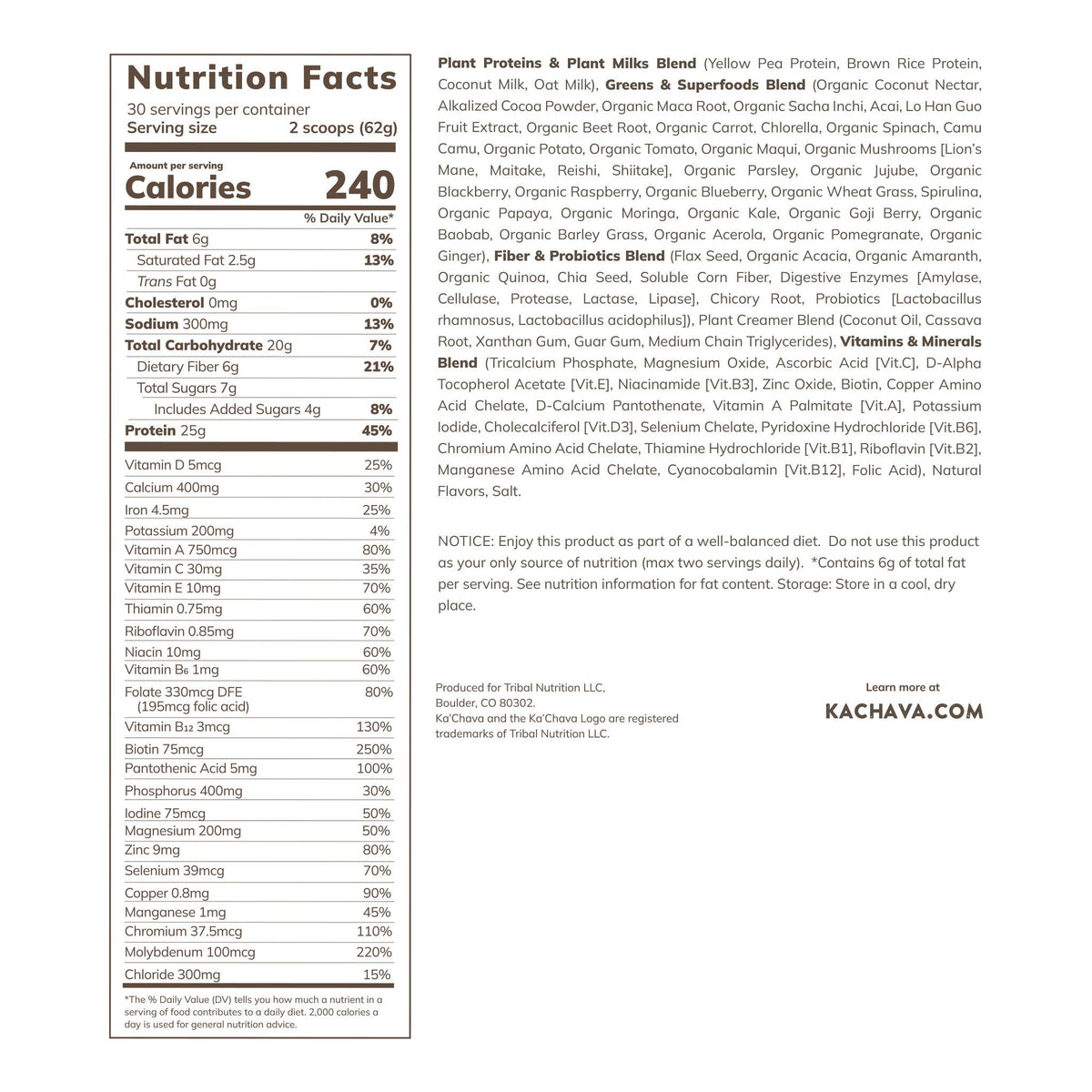 미국직구 카차바 단백질 쉐이크 파우더 초콜릿 Ka'Chava All-In-One Nutrition Plant Based Shake, Chocolate, 30 Servings, 4.16 lbs