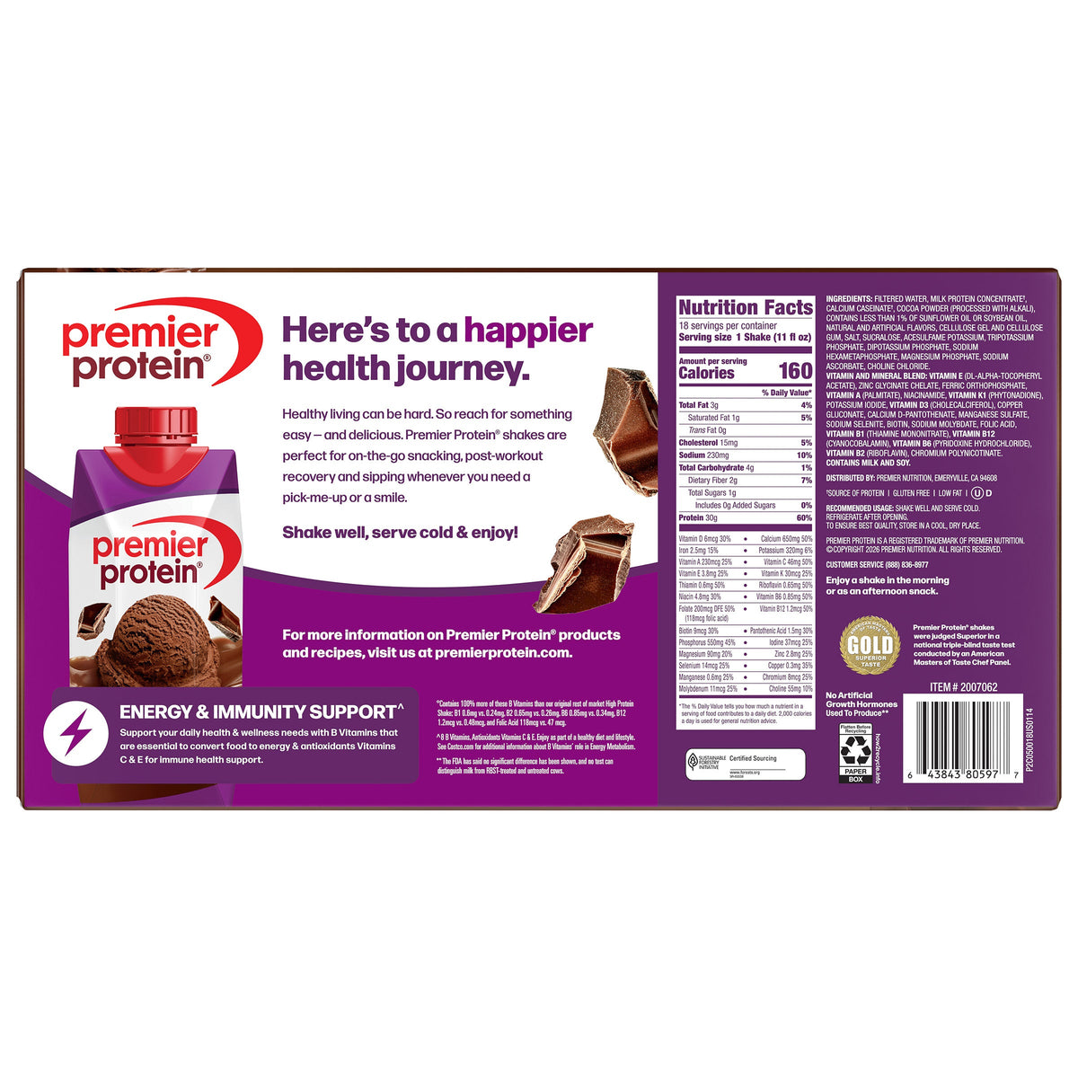 미국직구 프리미어 프로틴 단백질 쉐이크 음료 초콜릿 Premier 30g Protein PLUS Energy and Immune Support Shakes, Chocolate, 11 fl oz, 18-pack