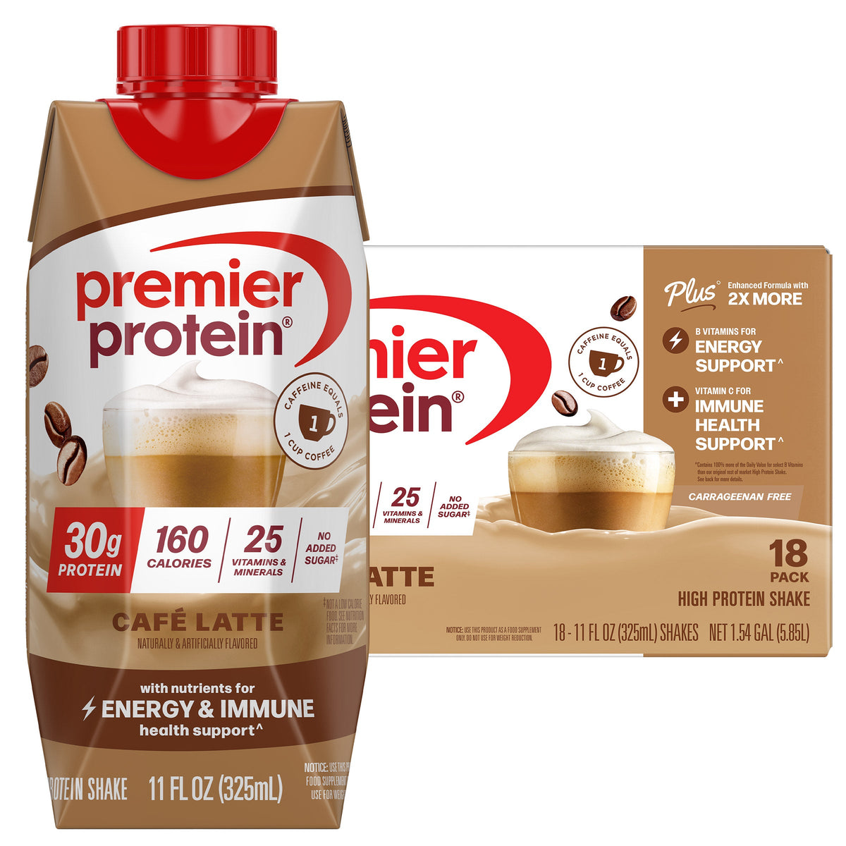 미국직구 프리미어 프로틴 단백질 쉐이크 음료 라떼 Premier 30g Protein PLUS Energy and Immune Support Shakes, Cafe Latte, 11 fl oz, 18-pack