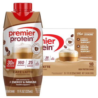 미국직구 프리미어 프로틴 단백질 쉐이크 음료 라떼 Premier 30g Protein PLUS Energy and Immune Support Shakes, Cafe Latte, 11 fl oz, 18-pack