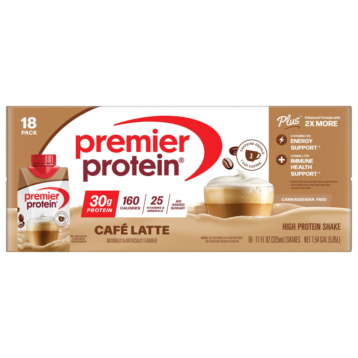 미국직구 프리미어 프로틴 단백질 쉐이크 음료 라떼 Premier 30g Protein PLUS Energy and Immune Support Shakes, Cafe Latte, 11 fl oz, 18-pack