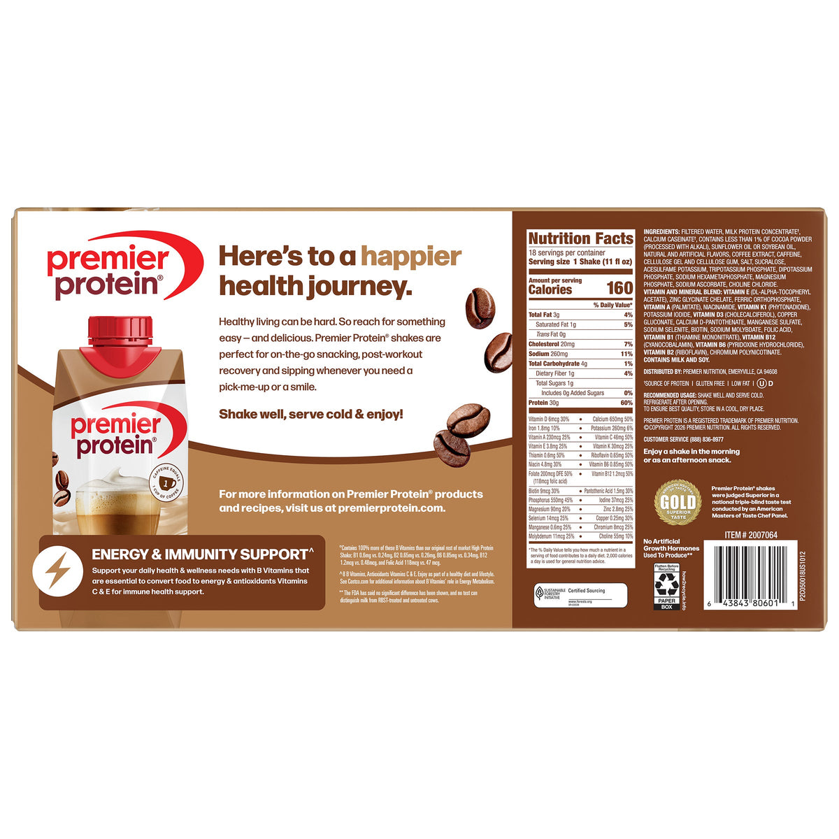 미국직구 프리미어 프로틴 단백질 쉐이크 음료 라떼 Premier 30g Protein PLUS Energy and Immune Support Shakes, Cafe Latte, 11 fl oz, 18-pack