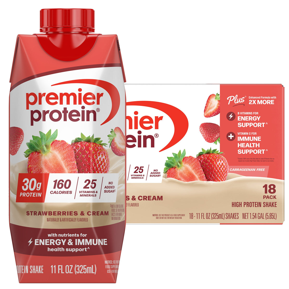 미국직구 프리미어 프로틴 단백질 쉐이크 음료 딸기 Premier 30g Protein PLUS Energy and Immune Support Shakes, Strawberries & Cream, 11 fl oz, 18-pack