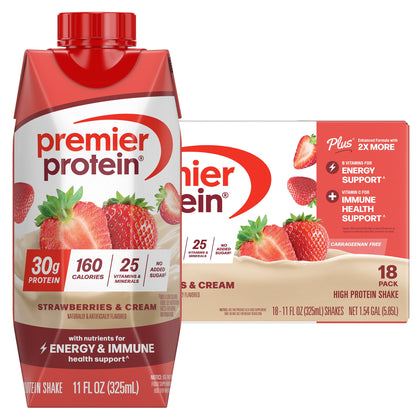 미국직구 프리미어 프로틴 단백질 쉐이크 음료 딸기 Premier 30g Protein PLUS Energy and Immune Support Shakes, Strawberries & Cream, 11 fl oz, 18-pack