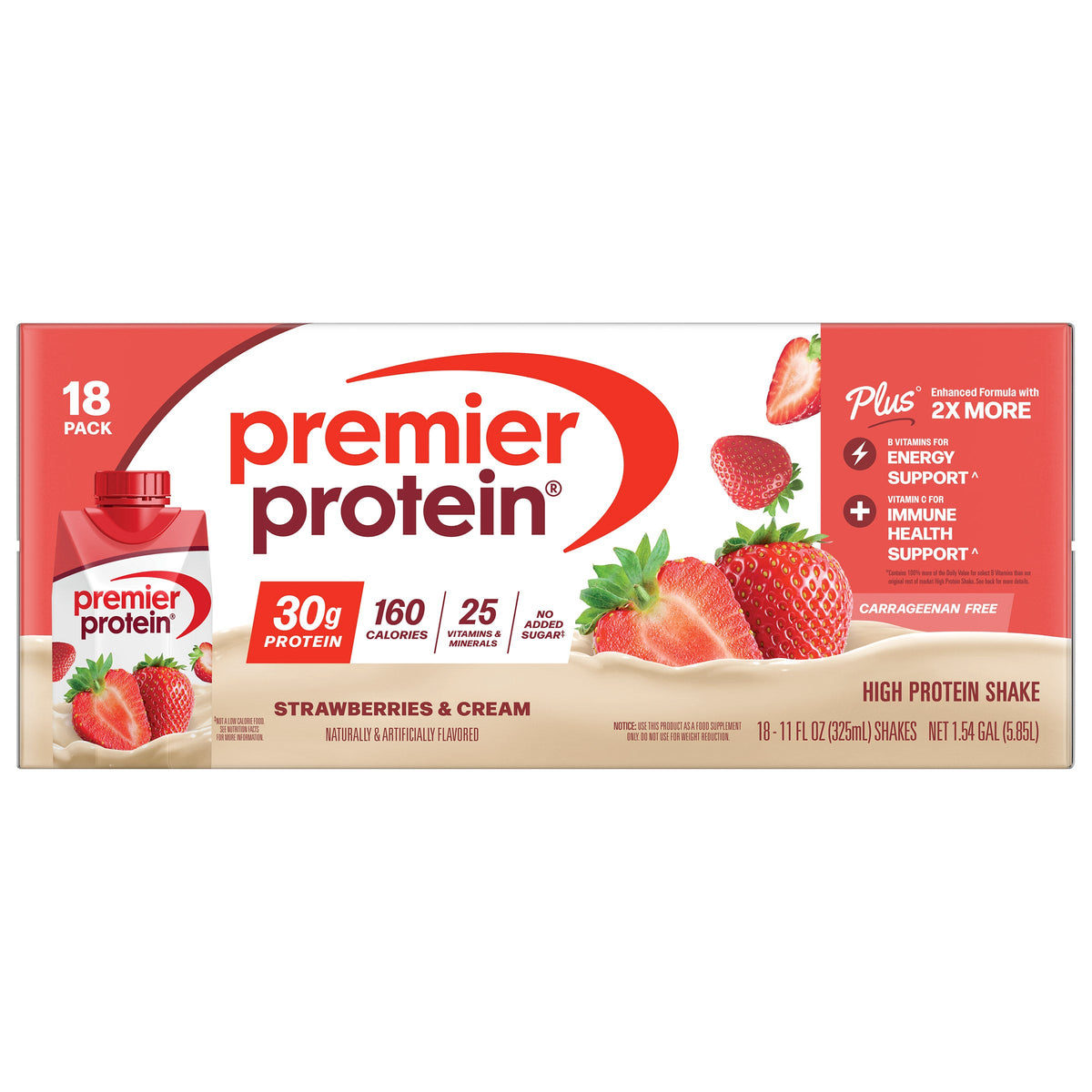 미국직구 프리미어 프로틴 단백질 쉐이크 음료 딸기 Premier 30g Protein PLUS Energy and Immune Support Shakes, Strawberries & Cream, 11 fl oz, 18-pack