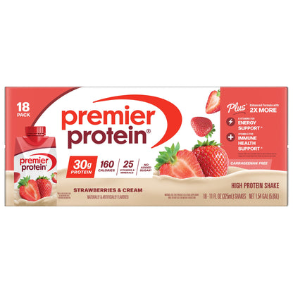 미국직구 프리미어 프로틴 단백질 쉐이크 음료 딸기 Premier 30g Protein PLUS Energy and Immune Support Shakes, Strawberries & Cream, 11 fl oz, 18-pack