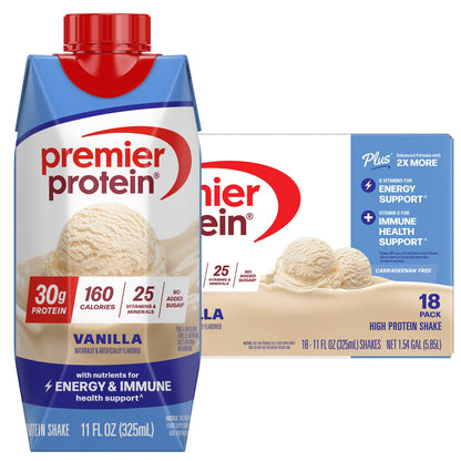 미국직구 프리미어 프로틴 단백질 쉐이크 음료 바닐라 Premier 30g Protein PLUS Energy and Immune Support Shakes, Vanilla, 11 fl oz, 18-pack