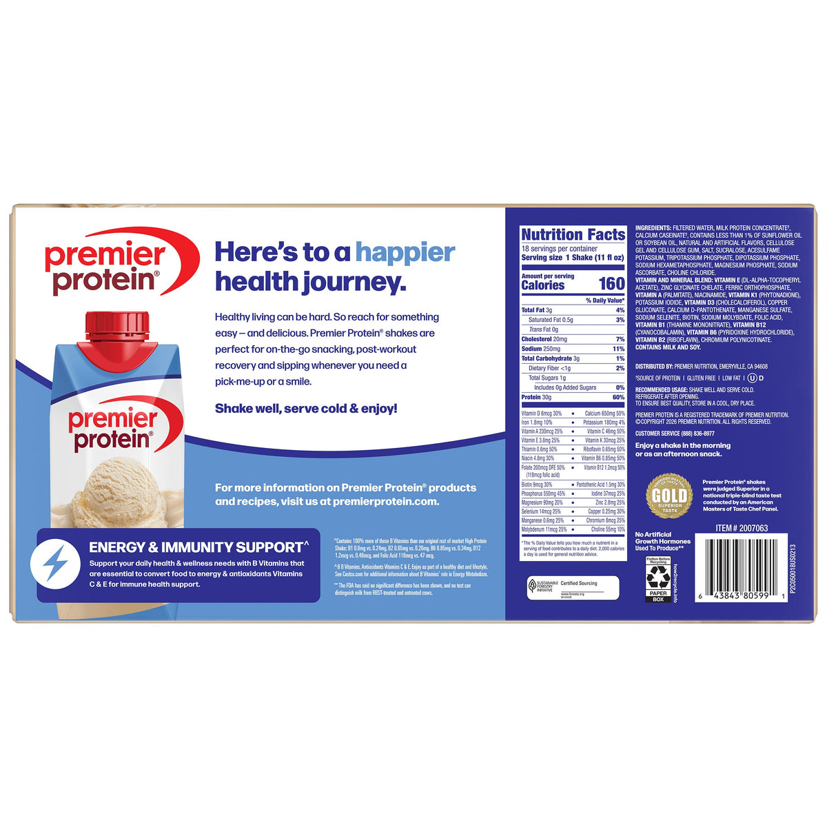 미국직구 프리미어 프로틴 단백질 쉐이크 음료 바닐라 Premier 30g Protein PLUS Energy and Immune Support Shakes, Vanilla, 11 fl oz, 18-pack