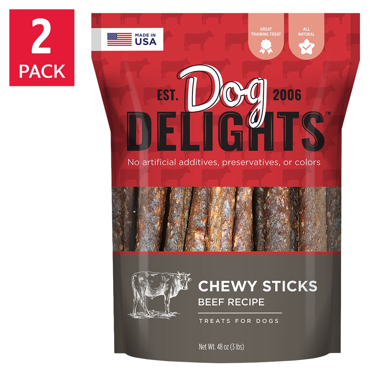 미국직구 도그딜라이트 반려견 해충·구충 Dog Delights Chewy Beef Sticks, 48oz, 2 pack