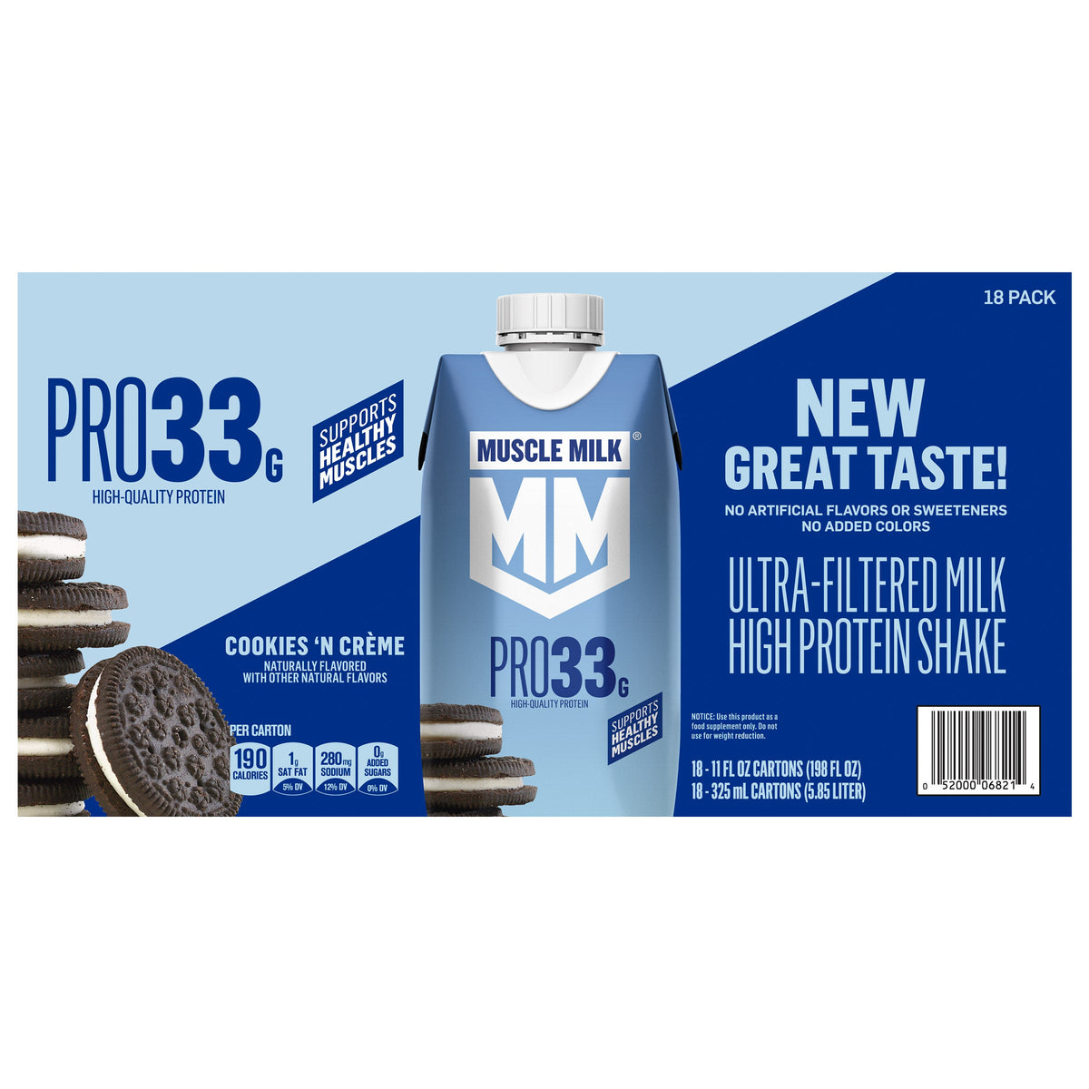미국직구 머슬밀크 단백질 쉐이크 음료 쿠키 Muscle Milk 33g Protein Ultra-Filtered Milk Shake, Cookies 'N Crème, 11 fl oz, 18-pack