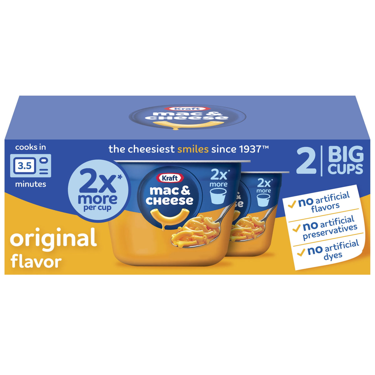 미국직구 크래프트 (2 pack)  and Cheese, 2 Big Cups, for Easy Dinner or Dinner Sides, Original Flavor, No Artificial Flavors, Preservatives or Dyes, 4.1 oz